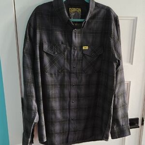 Dixxon Flannel The Raven Black Gray Yellow Plaid Snap Close EUC Moto Biker Sz XL